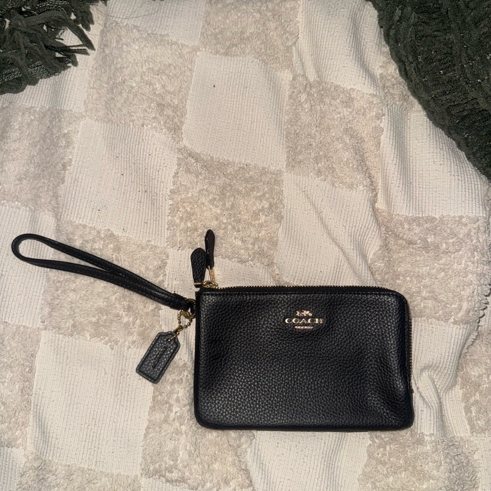 Coach Black Leather Wristlet with Gold Details